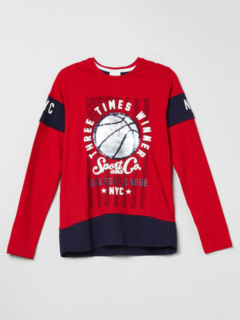 

max Boys Red & Navy Blue Typography Printed T-shirt