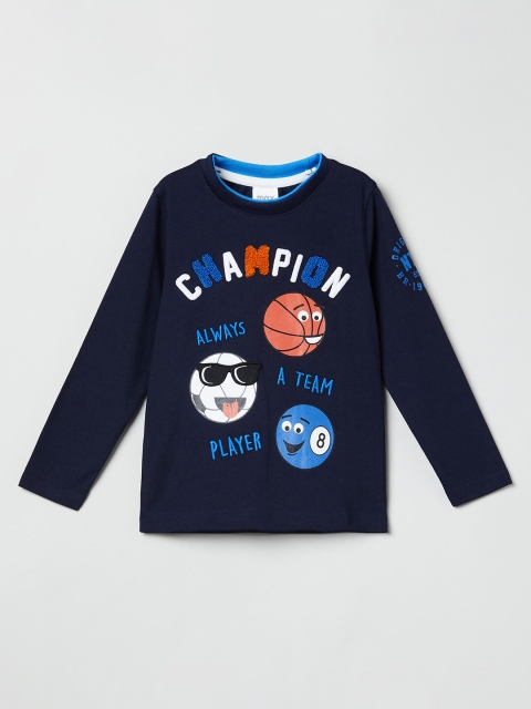 

max Boys Navy Blue Typography Printed Applique T-shirt