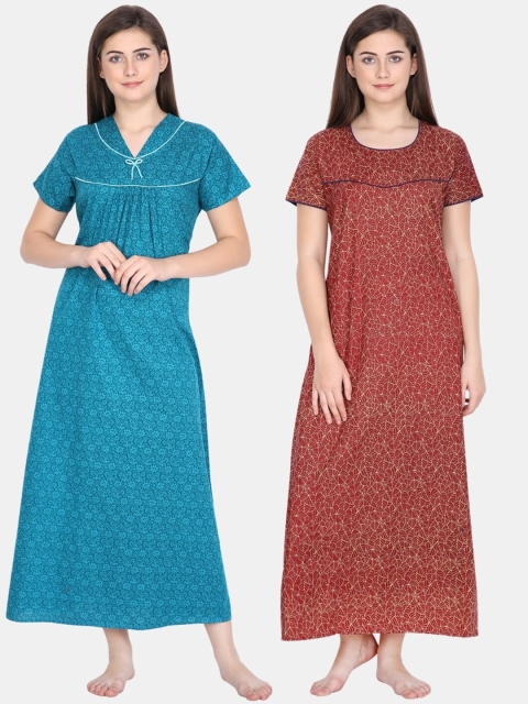

Klamotten Women Pack of 2 Printed Maxi Pure Cotton Nightdress, Turquoise blue