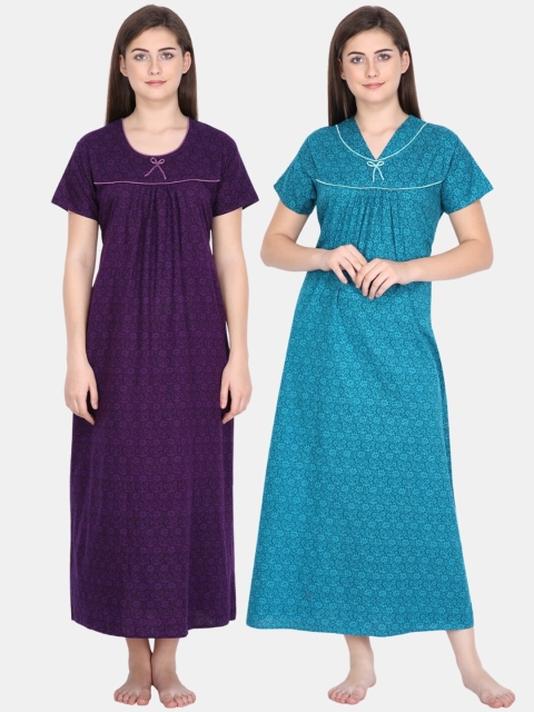 

Klamotten Pack of 2 Printed Pure Cotton Maxi Nightdress, Purple