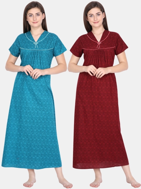 

Klamotten Pack of 2 Printed Pure Cotton Maxi Nightdress, Green