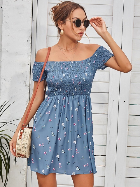 

GRACE & JACK Blue & White Floral Off-Shoulder Dress