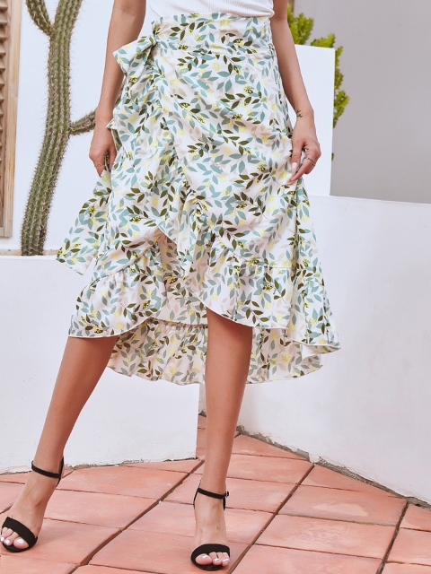 

GRACE & JACK Women Cream-Coloured & Green Layered Pencil Knee-Length Skirt