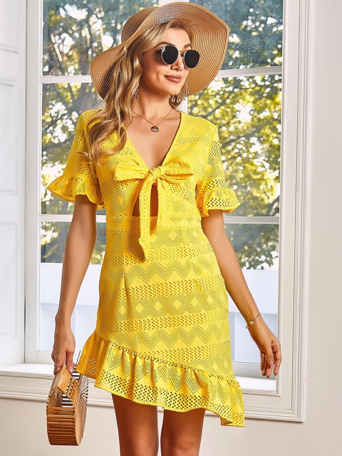 

GRACE & JACK Yellow Tie-Up Neck Sheath Dress