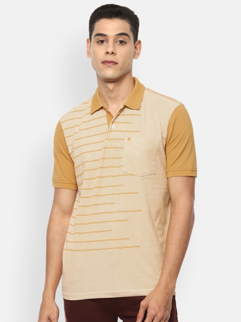 

Louis Philippe Men Beige Striped Polo Collar Pockets T-shirt