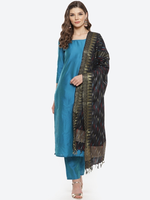 

Luni Women Blue & Navy Blue Regular Kurta with Trousers & Ikat Dupatta