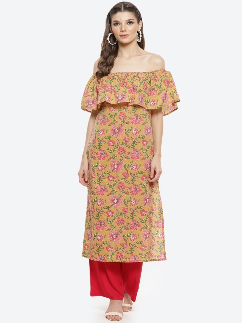 

Luni Women Yellow Floral Printed Off-Shoulder Flared Sleeves Cotton Kurta