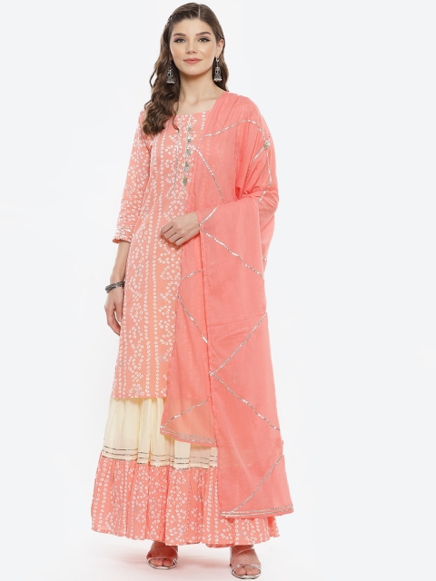 

Luni Women Peach Embroidered Pure Cotton Kurti with Skirt & Dupatta