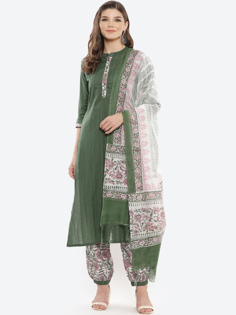 

Luni Women Green & White Floral Striped Regular Pure Cotton Kurta with Salwar & Dupatta