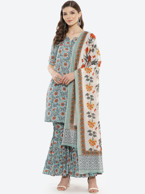 

Luni Women Teal Ethnic Motifs Printed Regular Pure Cotton Kurti with Sharara & Dupatta