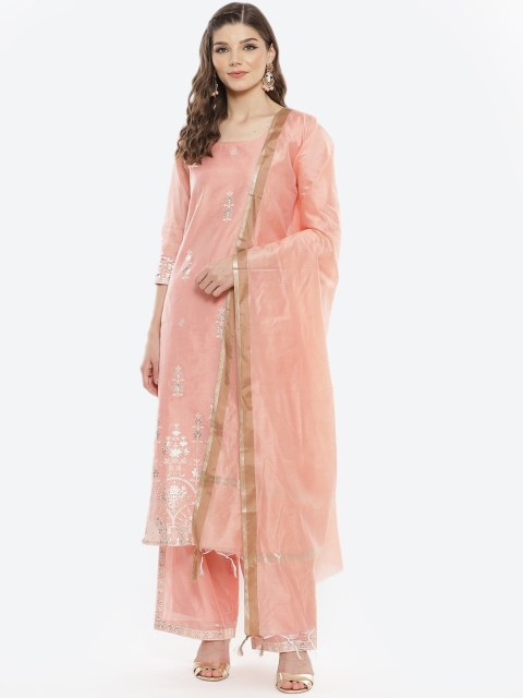 

Luni Women Peach Floral Embroidered Kurta with Palazzos & Dupatta