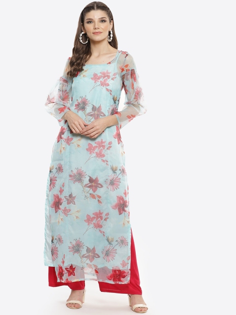 

Luni Women Turquoise Blue Organza Floral Printed Kurta