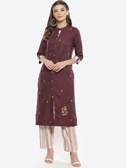 

Luni Women Burgundy Floral Regular Pure Cotton Kurta with Trousers