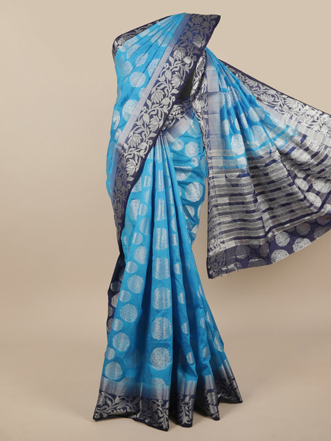 

Pothys Blue & Silver-Toned Ethnic Motifs Zari Jute Silk Saree