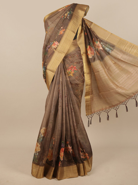 

Pothys Brown & Pink Floral Jute Silk Saree