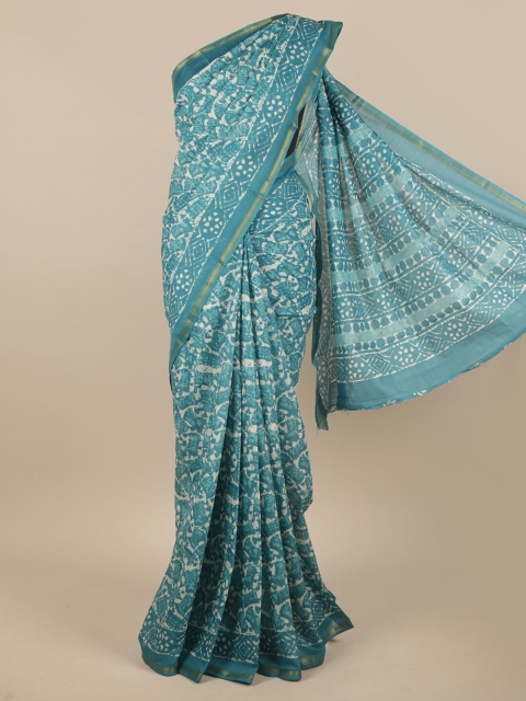 

Pothys Turquoise Blue & Off White Abstract Printed Jute Silk Saree