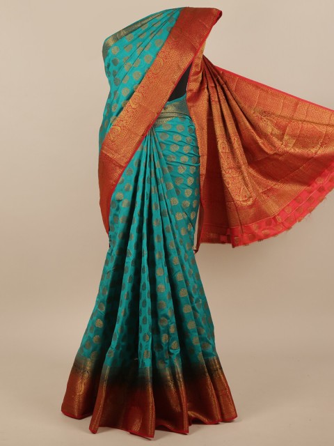 

Pothys Turquoise Blue & Red Ethnic Motifs Zari Jute Silk Saree