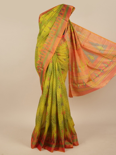 

Pothys Green & Orange Printed Jute Silk Saree