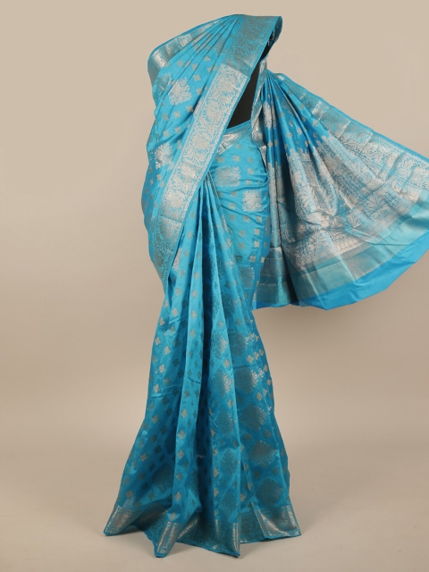 

Pothys Turquoise Blue & Silver-Toned Ethnic Motifs Zari Jute Silk Saree