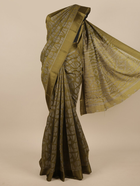 

Pothys Green & Grey Geometric Printed Jute Silk Saree