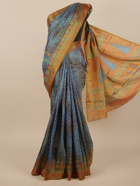 

Pothys Blue & Orange Printed Jute Silk Saree