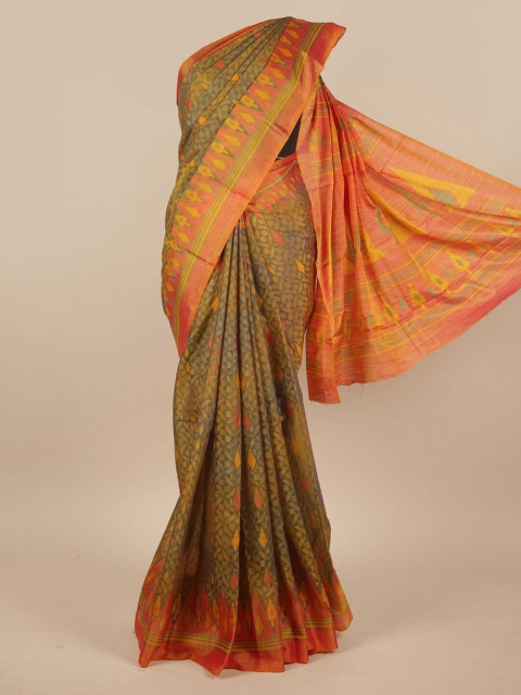 

Pothys Grey & Orange Geometric Printed Jute Silk Saree