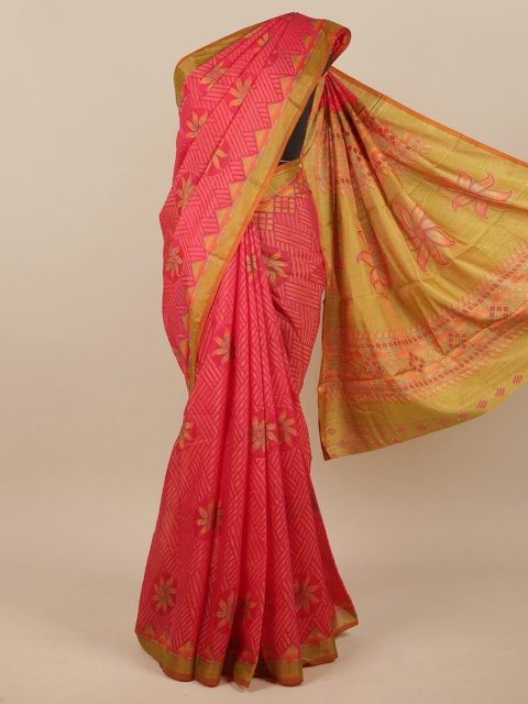 

Pothys Pink & Yellow Floral Jute Silk Saree