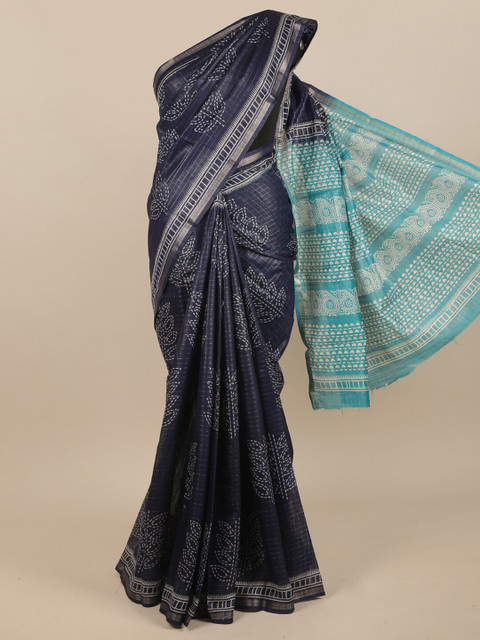 

Pothys Navy Blue & Silver-Toned Floral Printed Zari Jute Silk Saree