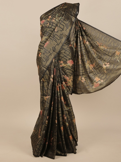 

Pothys Brown & Black Floral Printed Jute Silk Saree