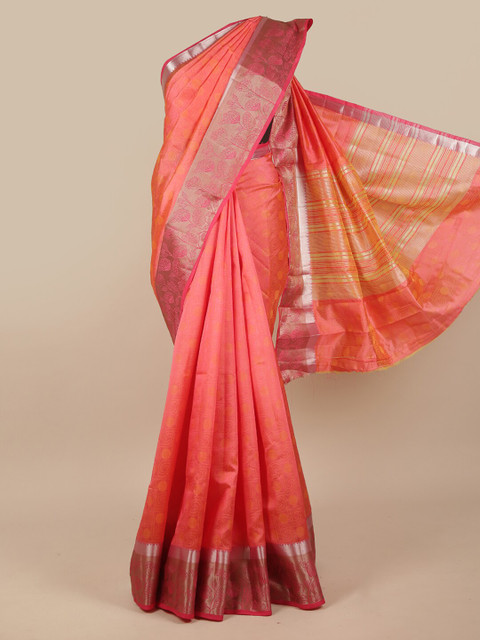 

Pothys Pink & Silver-Toned Floral Printed Zari Jute Silk Saree
