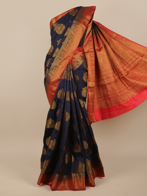 

Pothys Navy Blue & Orange Ethnic Motifs Jute Silk Saree