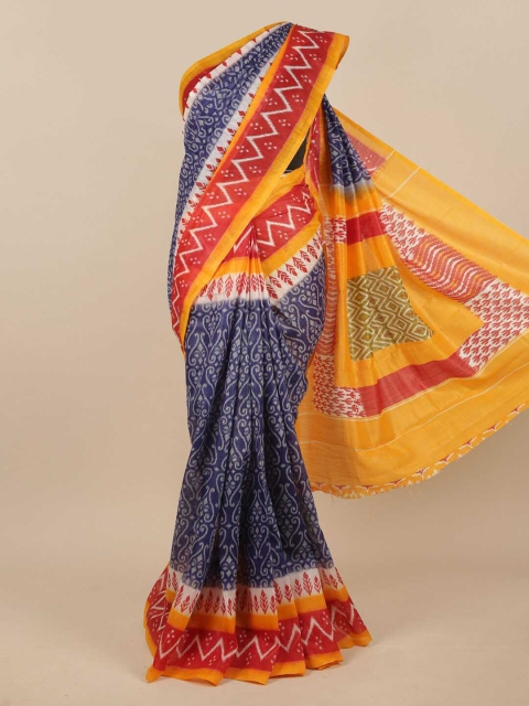

Pothys Navy Blue & Yellow Printed Jute Silk Saree