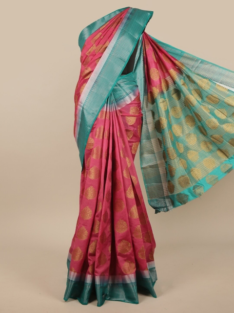

Pothys Pink & Turquoise Blue Ethnic Motifs Zari Jute Silk Saree