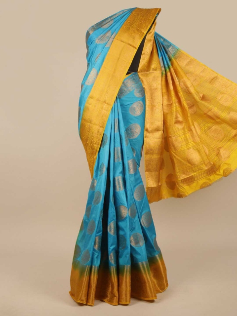 

Pothys Turquoise Blue & Mustard Ethnic Motifs Zari Jute Silk Saree