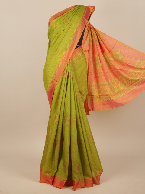 

Pothys Green & Orange Printed Jute Silk Saree