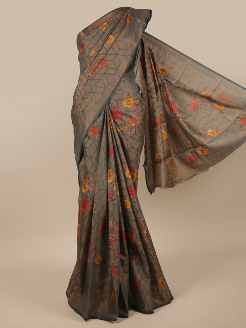 

Pothys Grey & Yellow Floral Jute Silk Saree