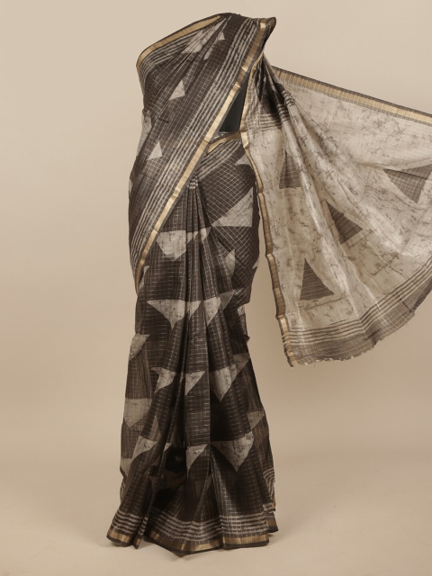 

Pothys Black & Grey Printed Zari Jute Silk Saree