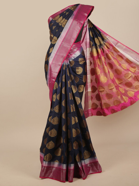 

Pothys Navy Blue & Gold-Toned Ethnic Motifs Zari Jute Silk Saree