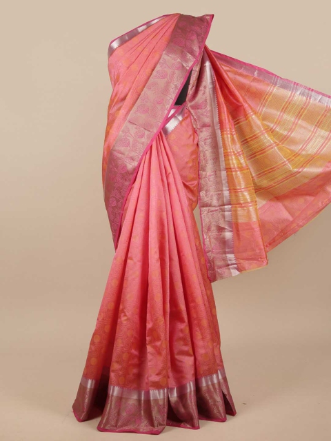 

Pothys Pink & Silver-Toned Floral Zari Jute Silk Saree