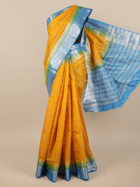 

Pothys Yellow & Blue Floral Zari Jute Silk Saree