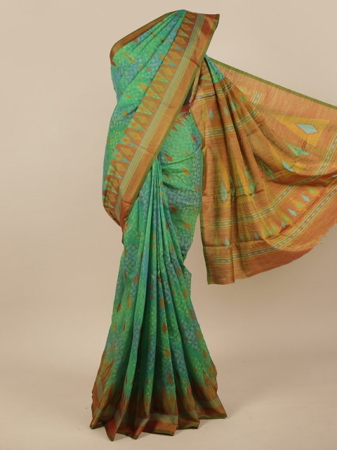 

Pothys Green & Brown Ethnic Motifs Printed Zari Jute Silk Saree