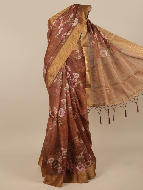 

Pothys Brown & Pink Floral Jute Silk Saree