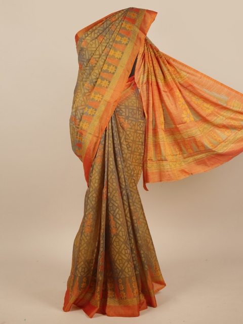 

Pothys Grey & Orange Floral Jute Silk Saree