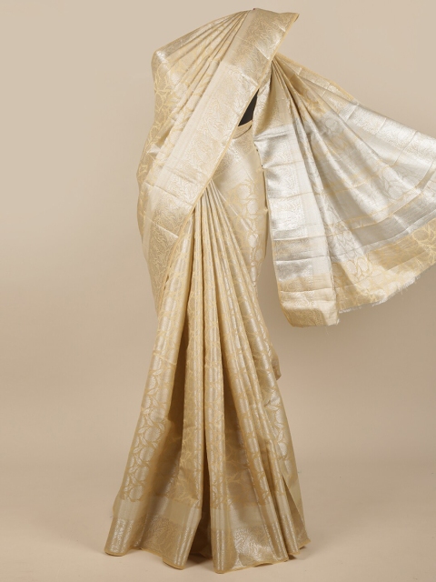 

Pothys Cream-Coloured & Gold-Toned Floral Zari Jute Silk Saree