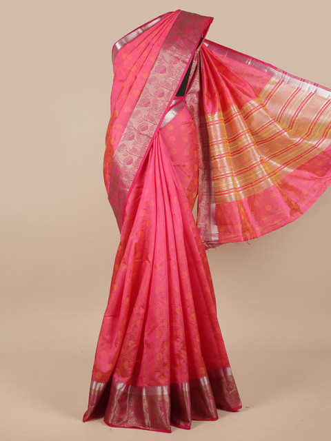 

Pothys Pink & Silver-Toned Woven Design Zari Jute Silk Saree