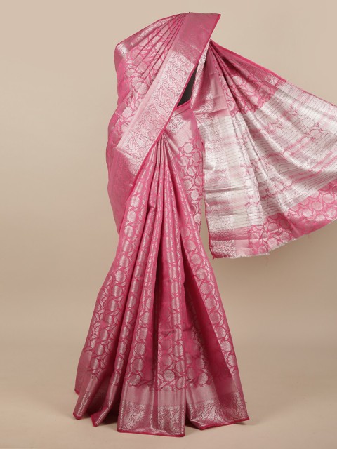 

Pothys Pink & Silver-Toned Woven Design Zari Jute Silk Saree
