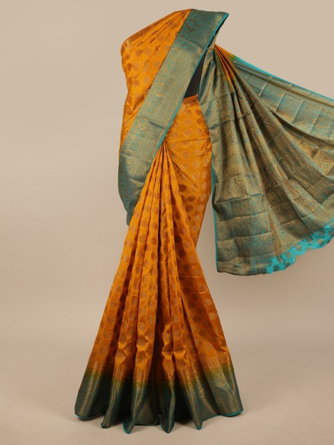 

Pothys Yellow & Turquoise Blue Ethnic Motifs Zari Jute Silk Saree