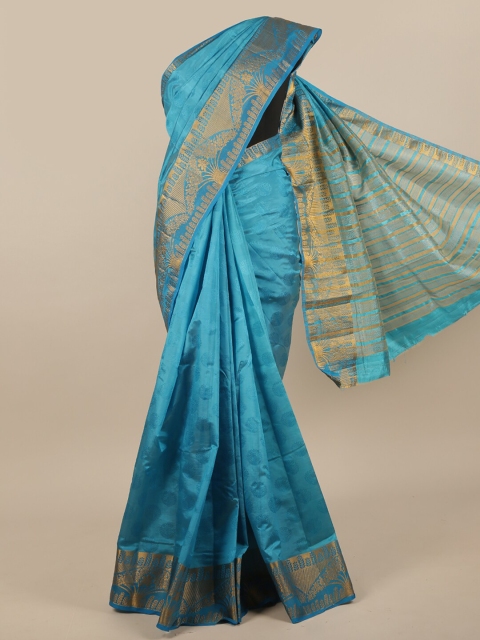 

Pothys Blue & Gold-Toned Floral Zari Jute Silk Saree