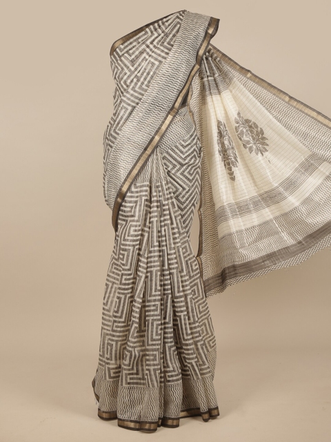 

Pothys Cream-Coloured & Brown Printed Jute Silk Saree