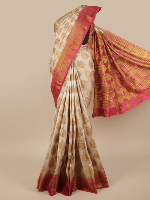 

Pothys Cream-Coloured & Pink Woven Design Zari Jute Silk Saree